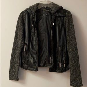 Black half leather half sweatshirt jacket